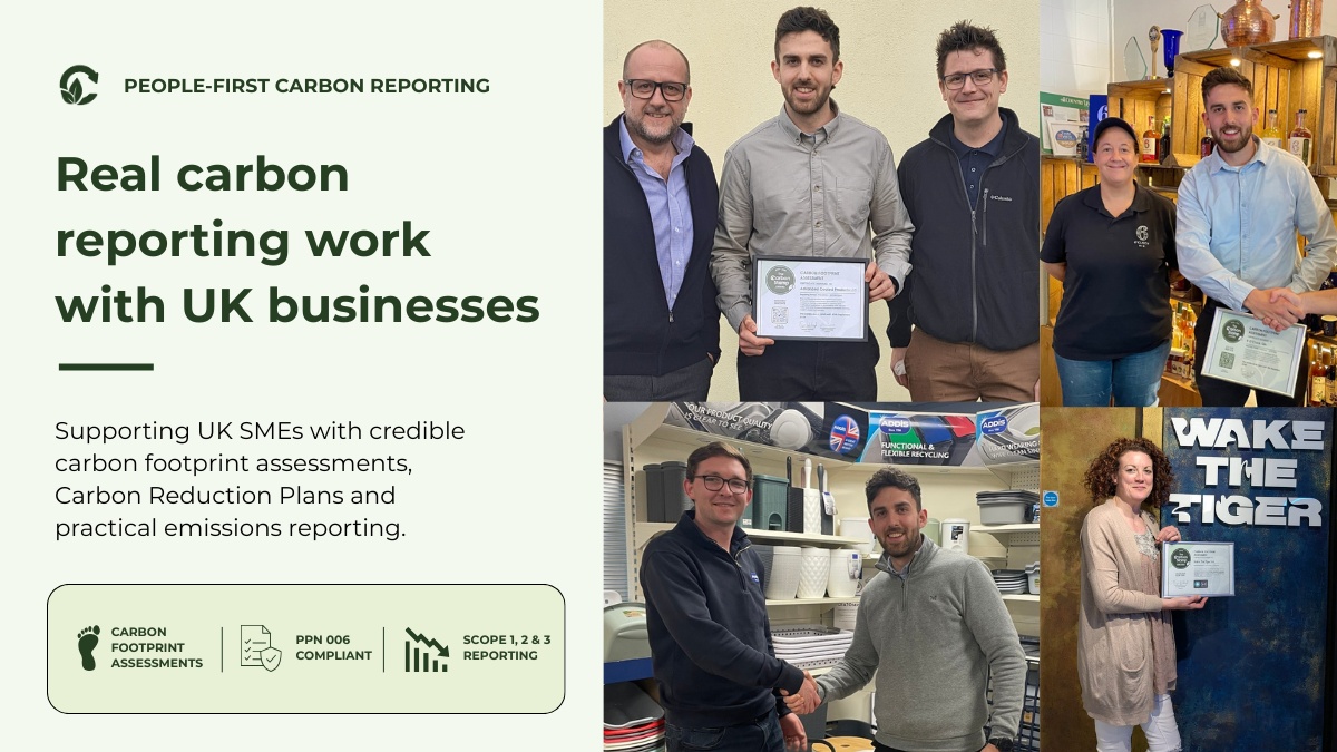 Frazer Holroyd with clients receiving their Carbon Footprint Assessment certificates