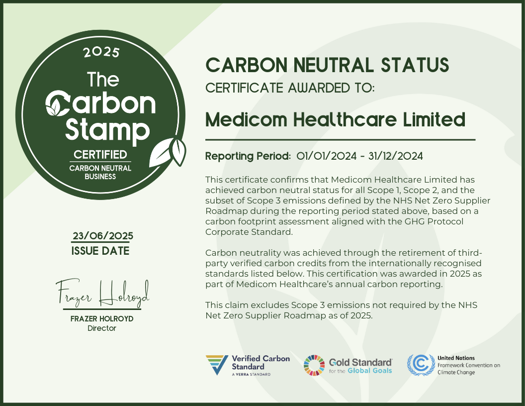 Medicom Healthcare Limited Carbon Neutral Certificate 2025 - ISO 14068 aligned, verified by Gold Standard, Verra, and UN Framework Convention on Climate Change