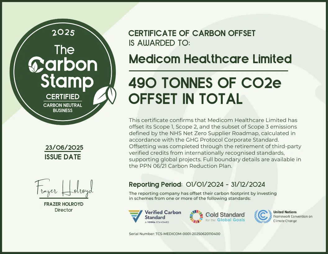 Medicom Healthcare Carbon Neutral Certificate showing 490 tonnes of CO2e offset for 2024