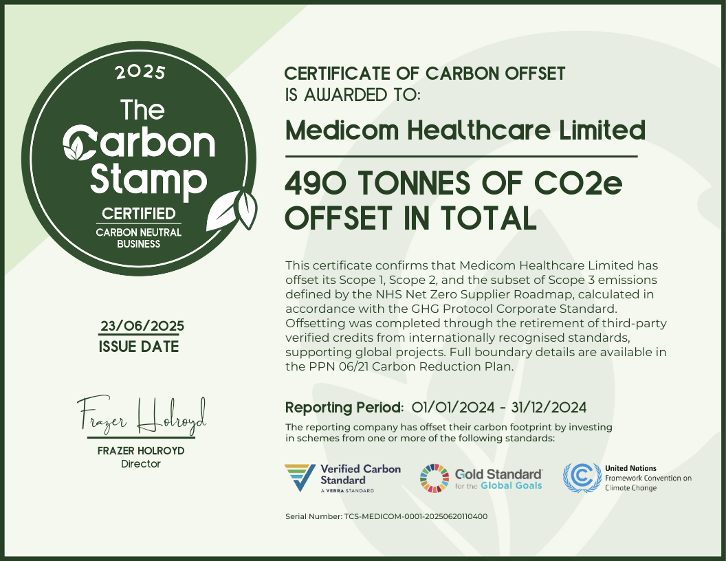 Medicom Healthcare Carbon Neutral Certificate showing 490 tonnes of CO2e offset for 2024
