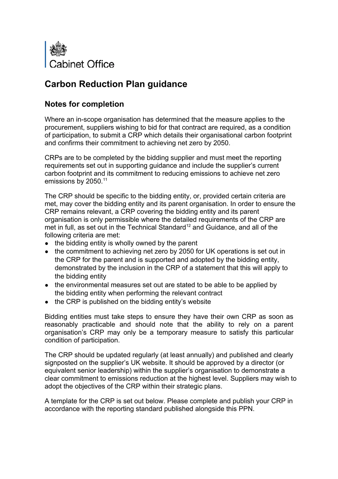 Page 1 of the official PPN 006 Carbon Reduction Plan template