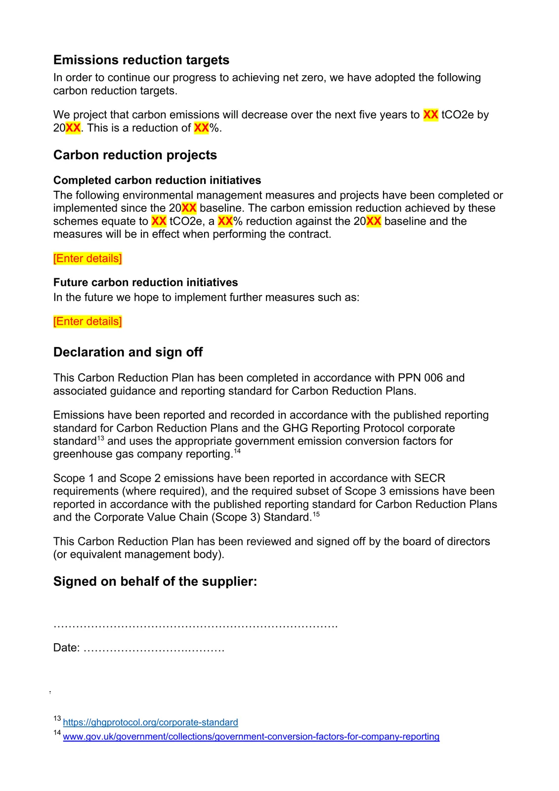 Page 4 of the PPN 006 Carbon Reduction Plan template