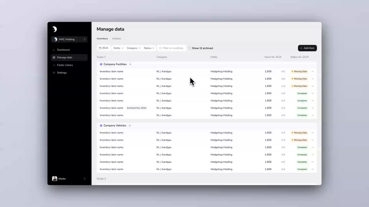 Hedgehog Carbon Platform interface showing inventory management and data tracking