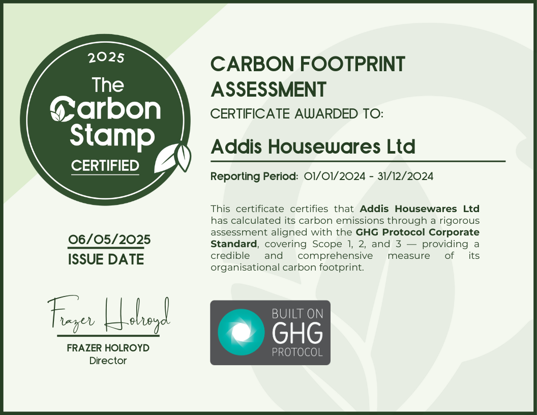 Addis Housewares Carbon Footprint Assessment Certificate 2025 - Certified by The Carbon Stamp
