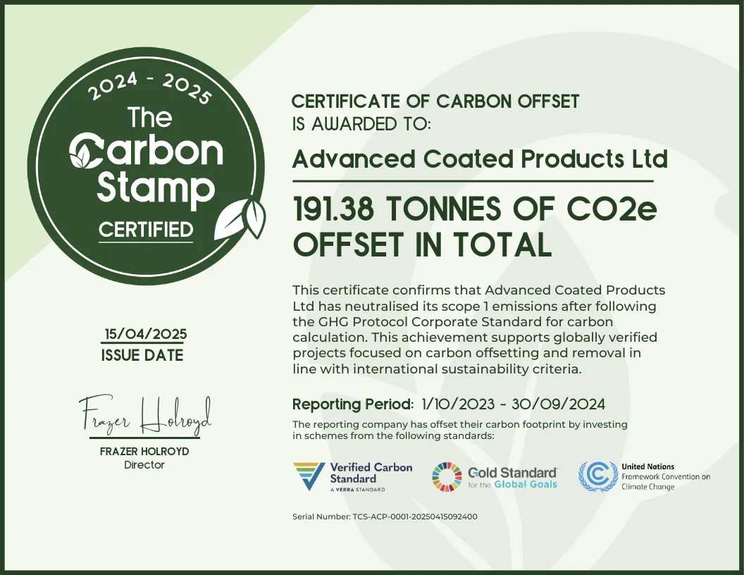 Advanced Coated Products Carbon Offset Certificate 2024-2025 - 191.38 Tonnes CO2e Offset - Certified by The Carbon Stamp